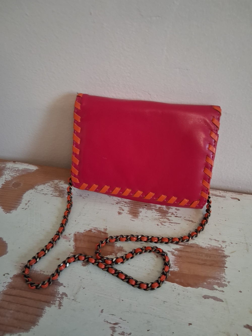 Pink and Orange Woven-Trim Crossbody Bag